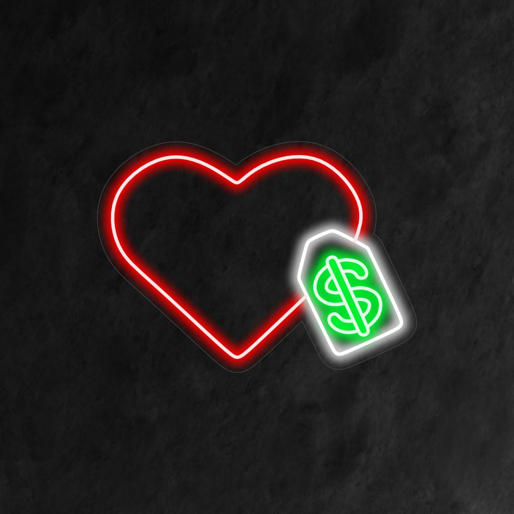 "Hjärta med prislapp Neonskylt" - Lägger till en touch av lekfull och fräck charm, perfekt för butiker, butiker eller andra områden som vill ingjuta ett sinne för humor i shoppingupplevelsen.