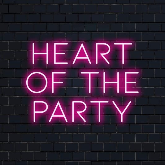LED neon sign with text Hearth Of The Party, glowing in vibrant colors; perfect for indoor wall art and lively decor.