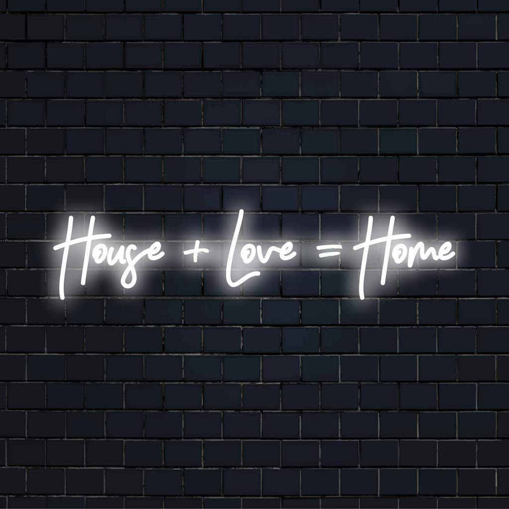 LED neonskylt med House + Love = Home, som blandar text och konst till en mysig ljusinredning för personliga vardagsrum.