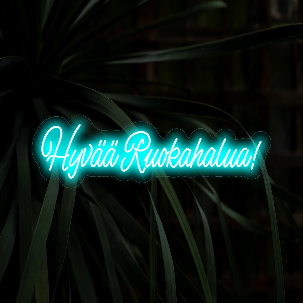 "Hyv���� Ruokahalua! Neonskylt" - Ett förtjusande komplement till matplatser, med den finska frasen "Hyv���� Ruokahalua" för en varm och inbjudande atmosfär som skapar en välkomnande atmosfär.