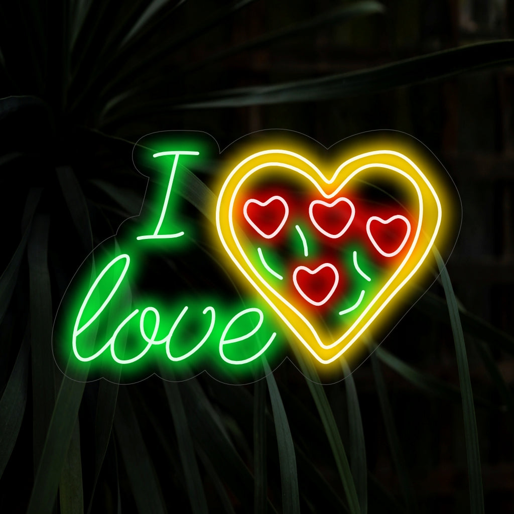 "I Love Pizza Neon Sign" - Ett roligt och livligt tillägg för pizzaälskare, med kärleksförklaringen till pizza, vilket skapar en levande och aptitretande atmosfär.