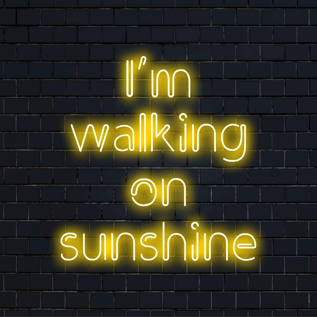 Skräddarsydd LED-neonskylt med texten I'm Walking On Sunshine, utstrålar levande omgivande ljus för heminredning.