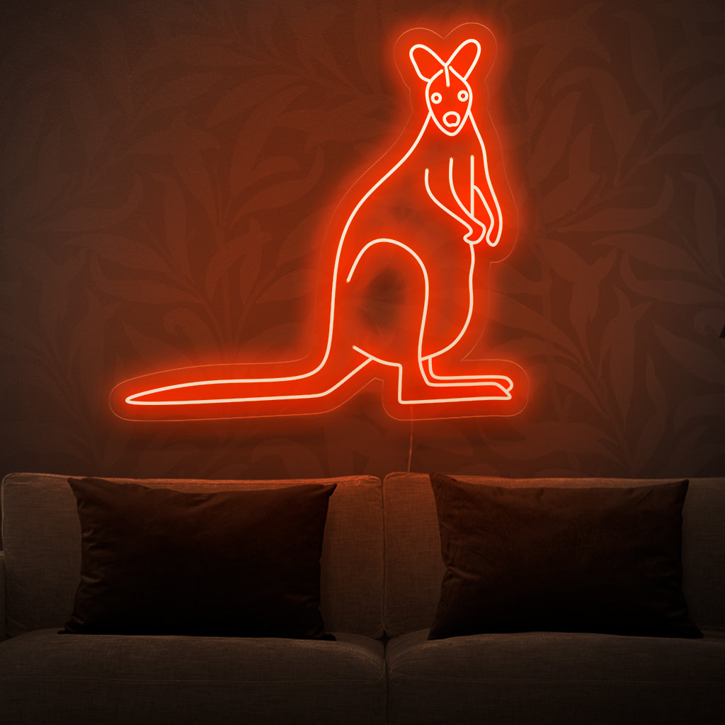 "Känguru Neonskylt" - Ge ditt utrymme lekfull energi med denna neonskylt, som visar upp en glad känguru i livfulla färger. Perfekt för utrymmen som hyllar glädje och livlighet.