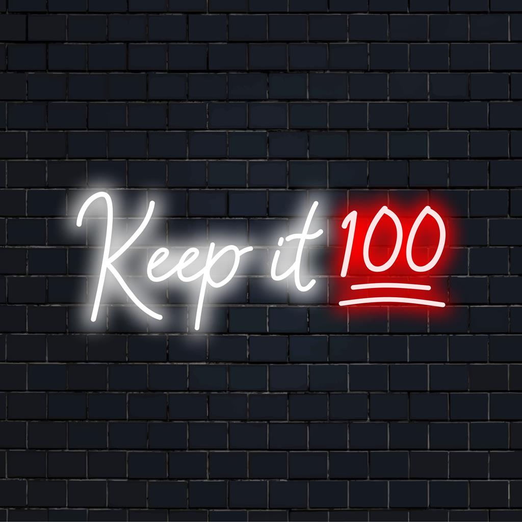 Levande LED neonskylt stavning Keep It 100; idealisk för modern neondekor och livlig väggkonst.