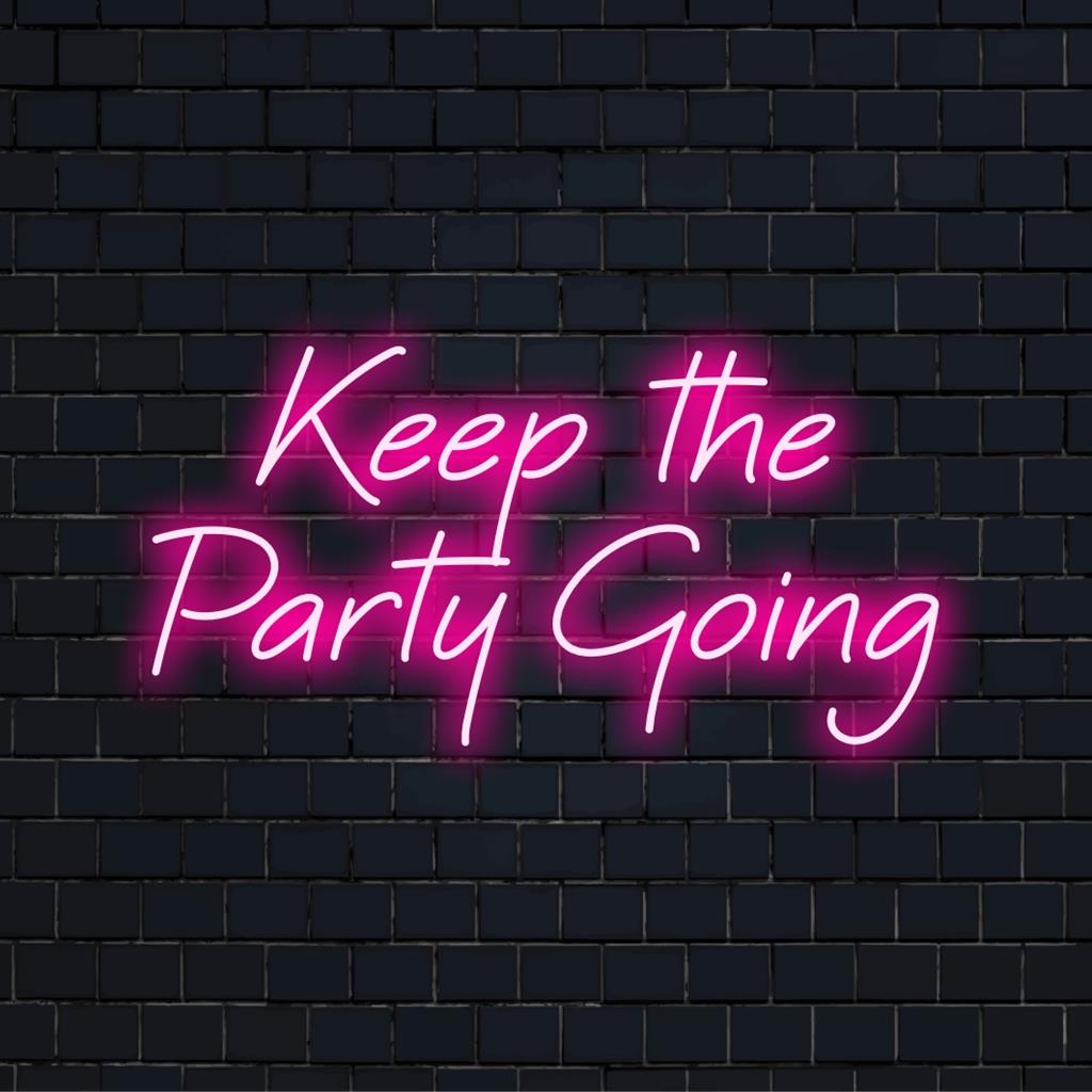 Anpassad LED neonskylt med frasen Keep The Party Going i livfulla färger; perfekt för att ge energi till ditt utrymme.