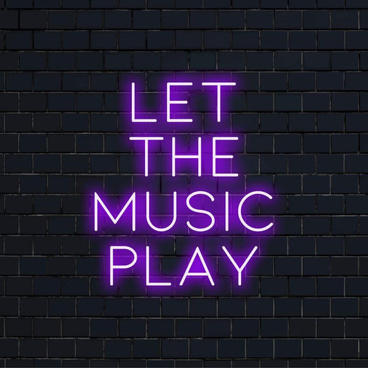 Custom LED neon sign reading Let The Music Play, perfect for adding vibrant charm to any space.