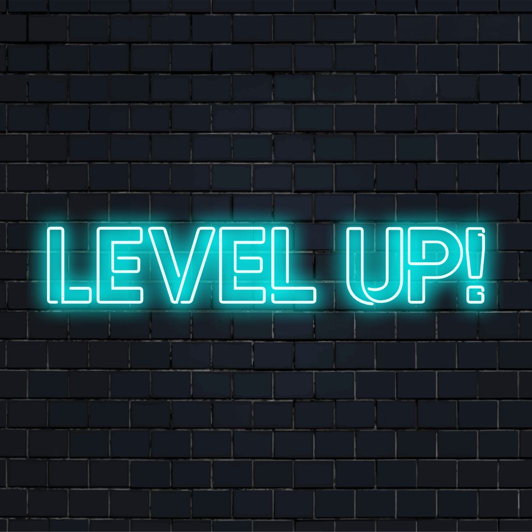 LED neonskylt som visar Level Up! text, perfekt för spelare, med levande anpassad neonkonst och personlig neonljusdekor.