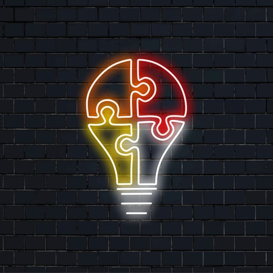 "Light Bulb Puzzle Neon Sign" är ett kreativt tillägg för inspirerande utrymmen, perfekt för kontor och hem. Lys upp med intriger!