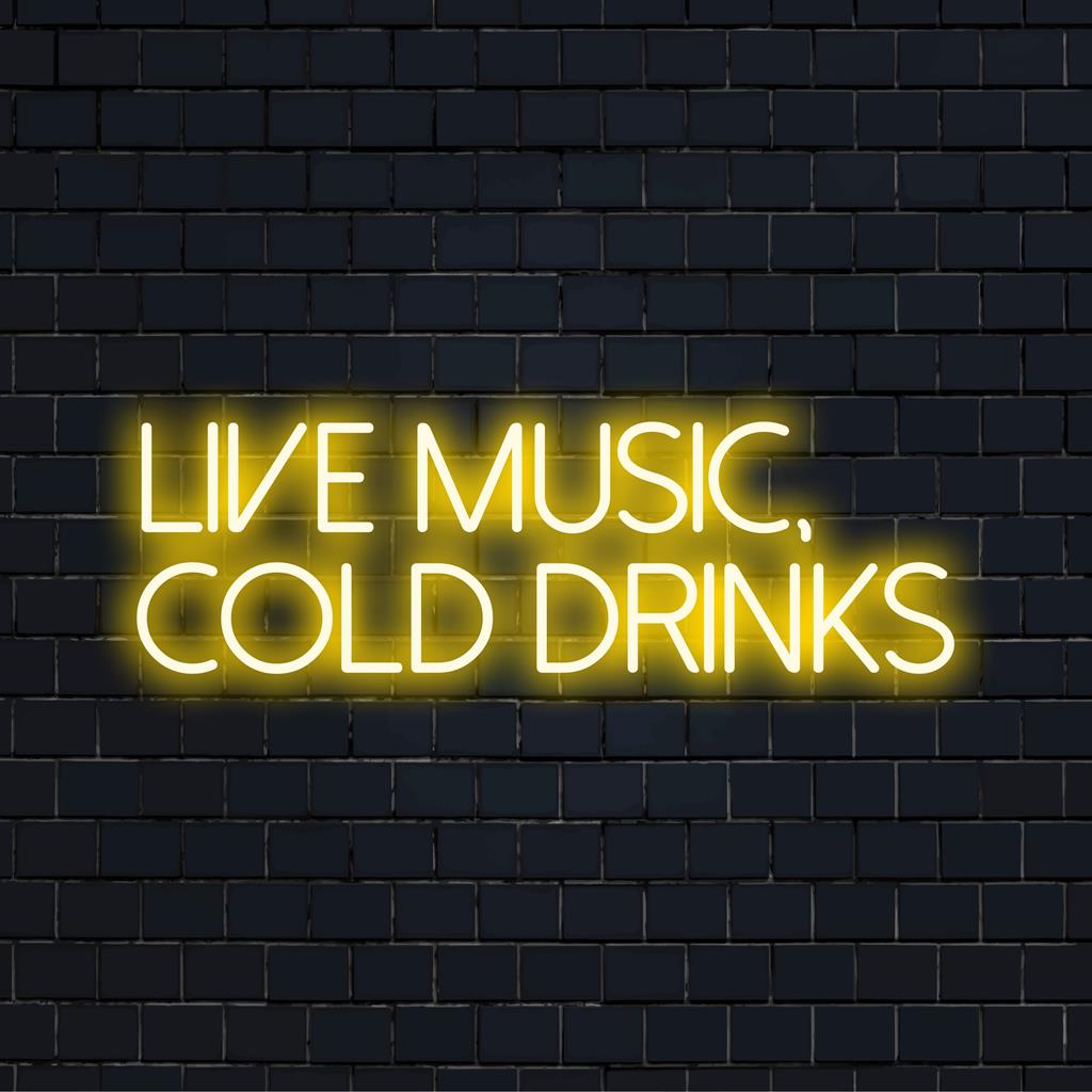Ljus LED-neonskylt med texten Live Music, Cold Drinks, perfekt för livliga lokaler och hemmabarer. Neonljus dekor.