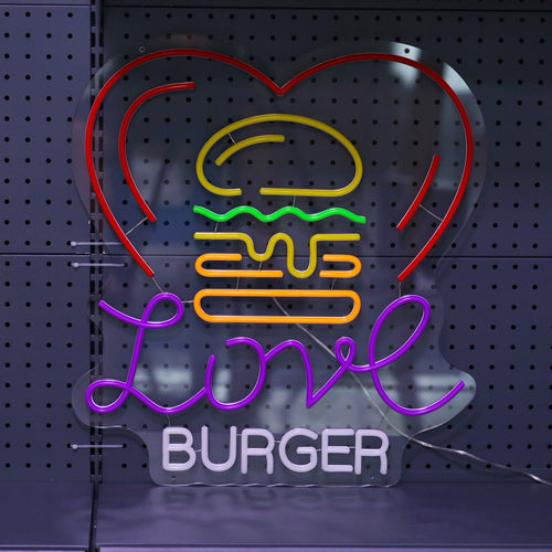 Love BURGER – Hamburgare och hjärta – LED-ljusskylt