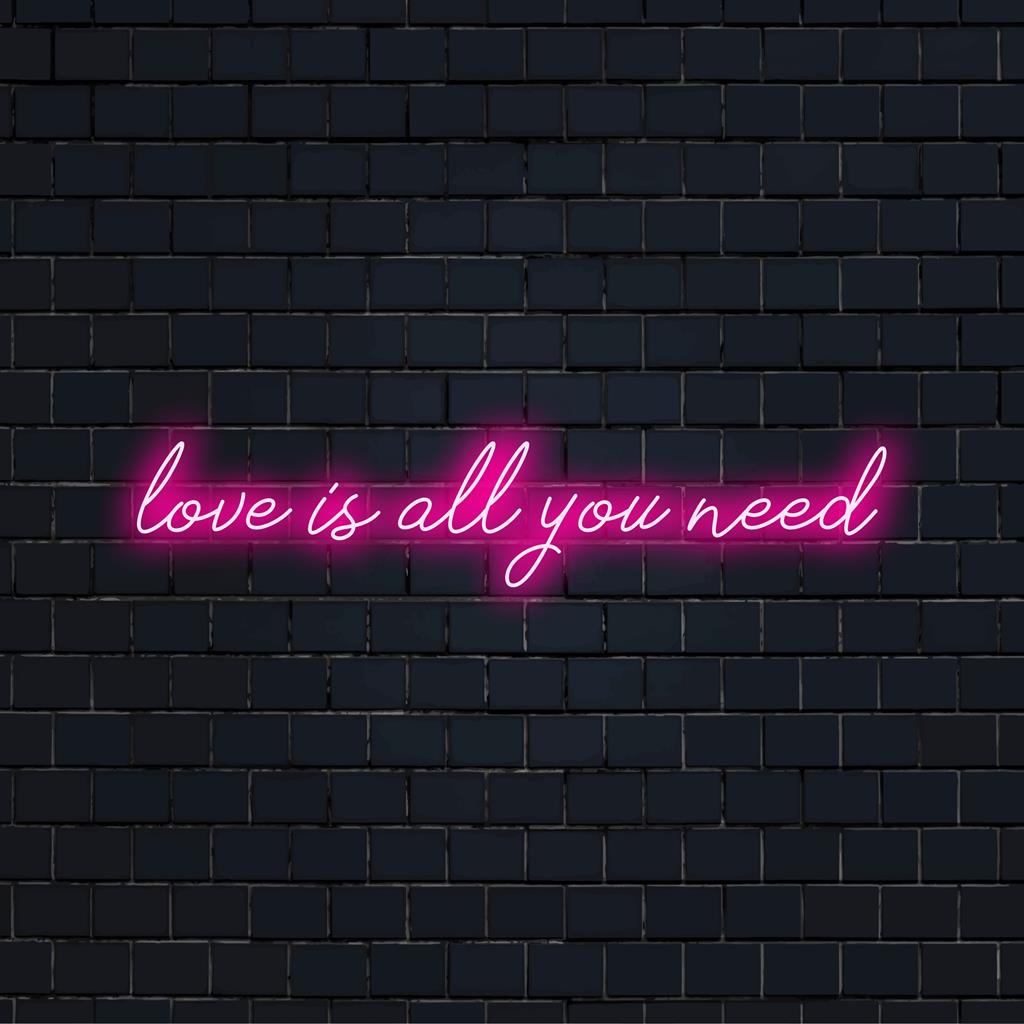 Custom Love Is All You Need neon sign in vibrant LED lights, perfect for personalized neon quote art decor.