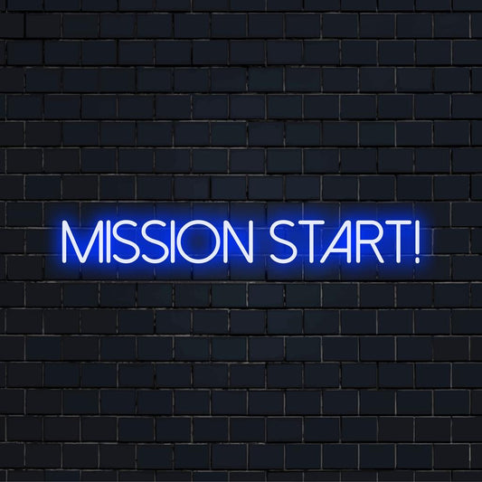 Anpassad LED neonskylt läsning Mission Start! med moderna, djärva bokstäver; idealisk för livfull, personlig neonväggsestetik.