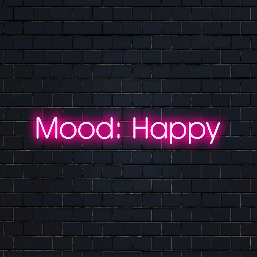 Skräddarsydd LED-neonskylt som visar "Mood Happy" i ljusa, livfulla färger, perfekt för att förbättra ditt utrymme.