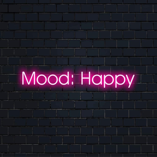 Skräddarsydd LED-neonskylt som visar "Mood Happy" i ljusa, livfulla färger, perfekt för att förbättra ditt utrymme.