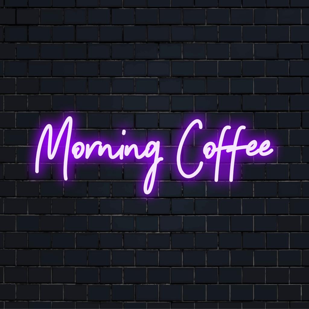 Anpassad LED-neonskylt som visar upp "morgonkaffe" i starkt ljus, ett perfekt komplement till alla kaffeentusiasters utrymme.
