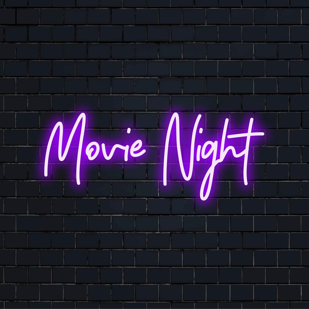 Anpassad LED-neonskylt som säger Movie Night i ljus neon, perfekt för hemmabioinredning. Idealisk neonväggkonst för filmentusiaster.