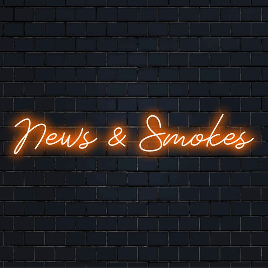 Upplyst LED-neonskylt med News & Smokes-textdesign, perfekt för modern retro-estetik och livfull väggdekoration.