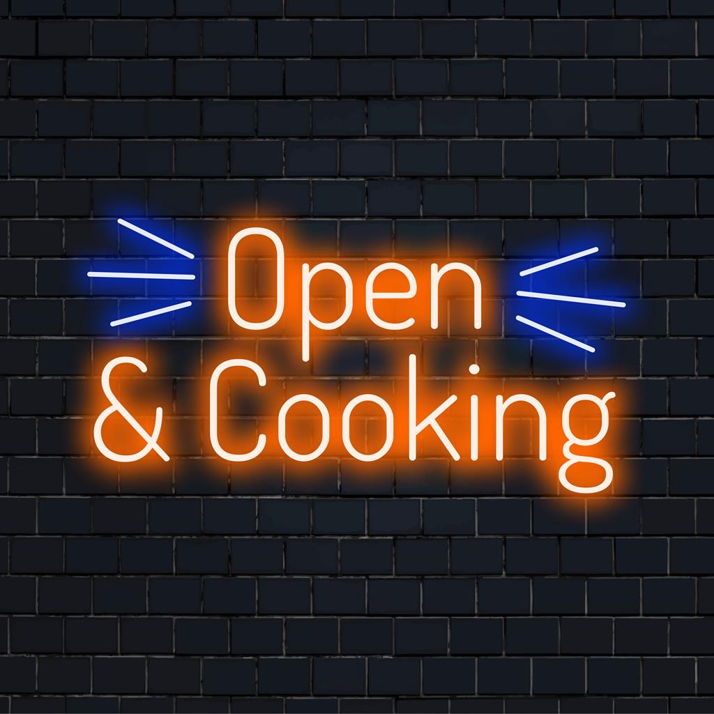 Skräddarsydd LED neonskylt med Open And Cooking perfekt för dynamiska inredningsvibbar och personlig belysning.