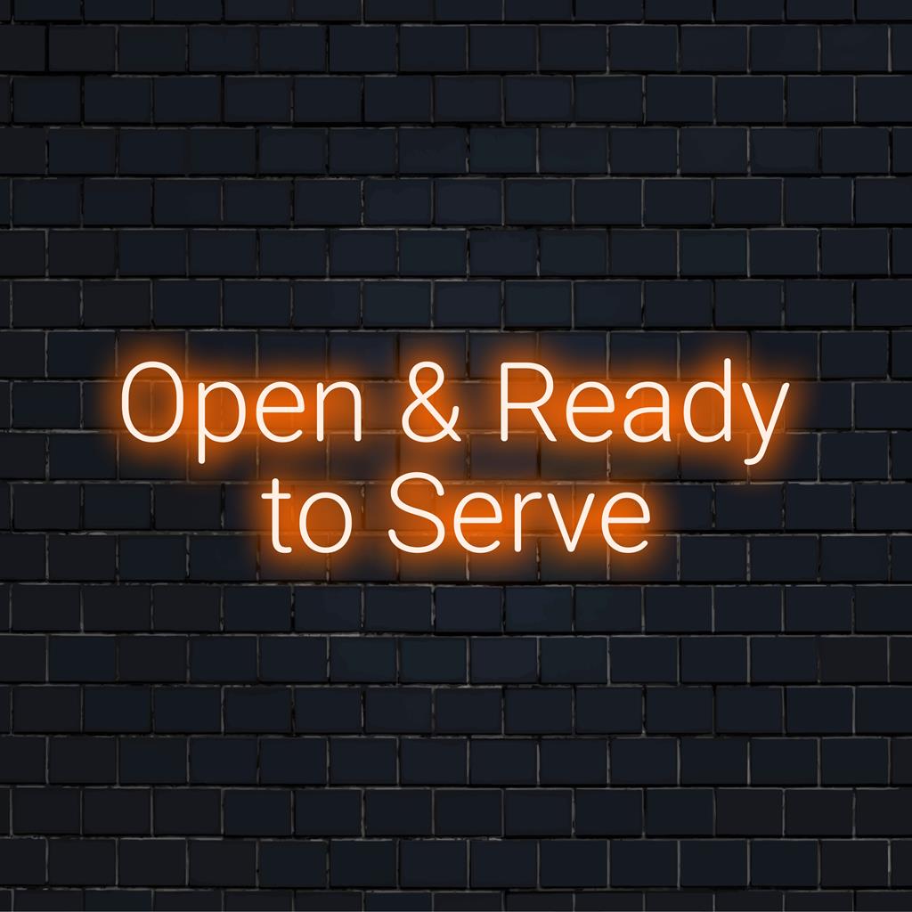LED neonskylt med text som är öppen och redo att serveras, perfekt för företag. Lys upp ditt utrymme med anpassningsbar neonkonst.