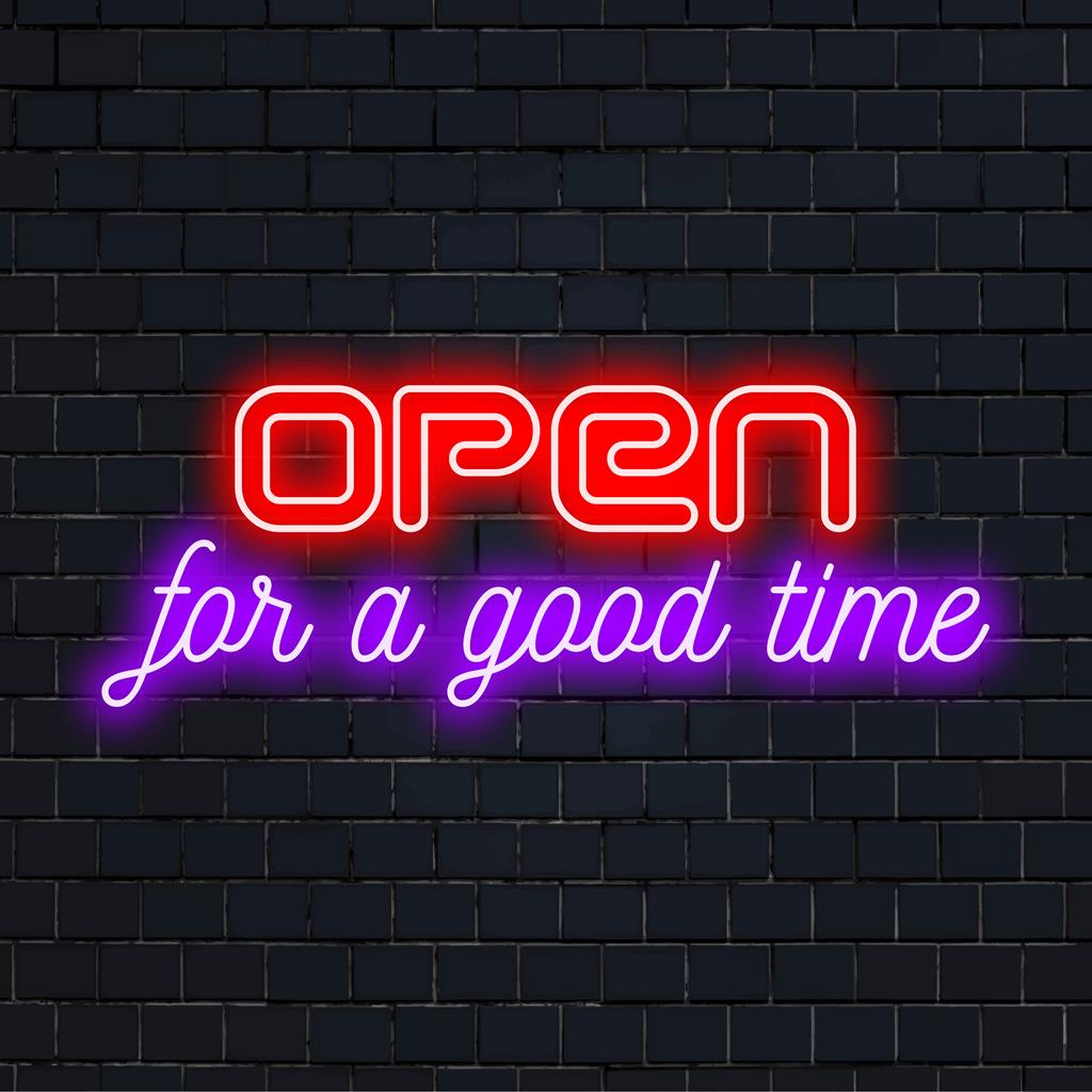 Vibrant Open For A Good Time LED neonskylt; perfekt för barer eller hem, ger en lekfull glöd och inbjudande atmosfär.