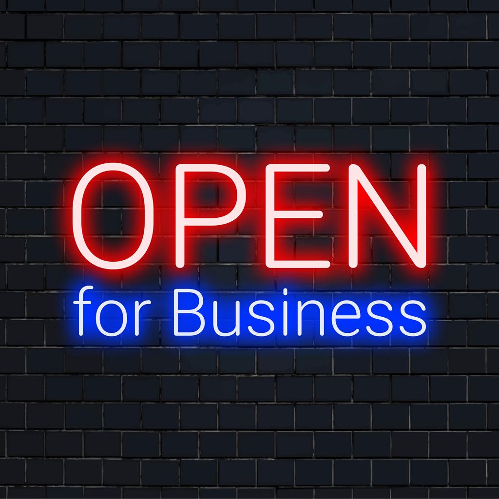 Open For Business neonskylt i livfull rosa, perfekt för skyltfönster; en inbjudande LED-förklaring.