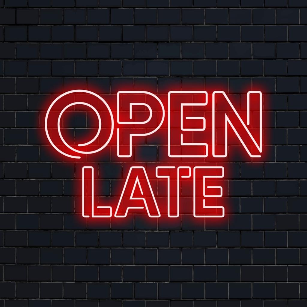 Skräddarsydd LED-neonskylt med Open Late, perfekt för att lägga till en levande, inbjudande glöd till alla utrymmen.