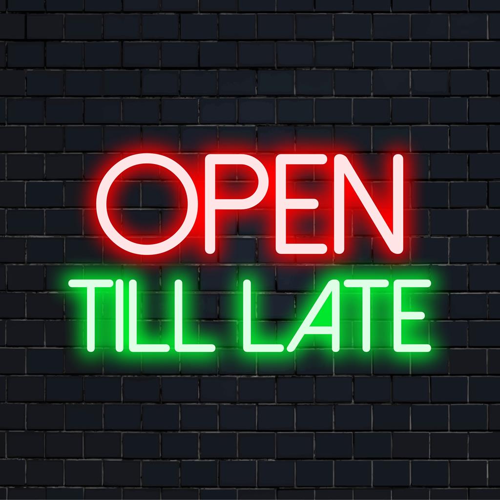 LED neonskylt med Open Till Late-design; perfekt för företag. Idealisk anpassad LED-dekor för alla utrymmen på natten.