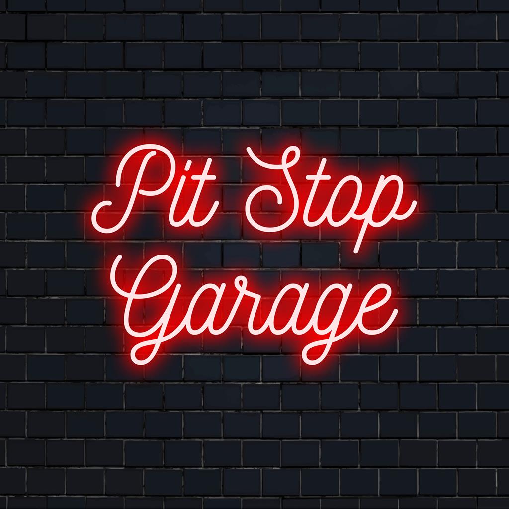 Skräddarsydd LED-neonskylt som läser Pit Stop Garage, lämplig för livfulla utrymmen och ger en unik, energisk glöd.