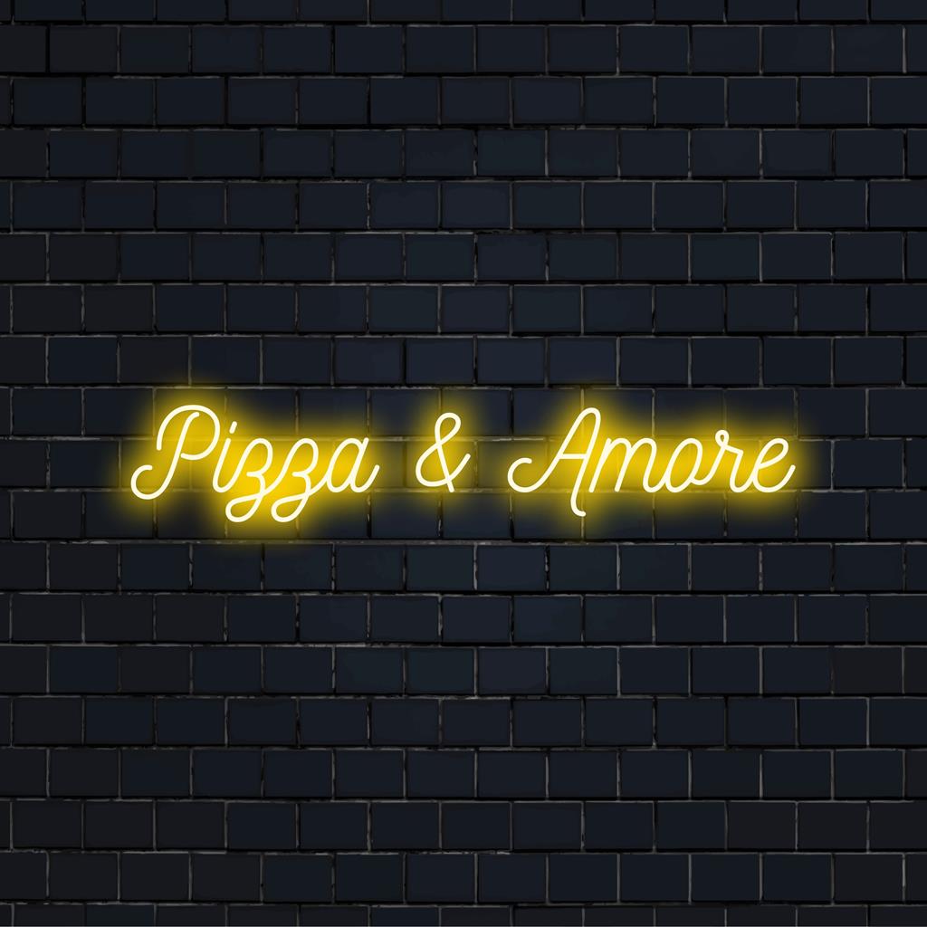 Vibrant Pizza & Amore neon sign, blending food and love vibes; ideal for cozy ambiance or restaurant decor.