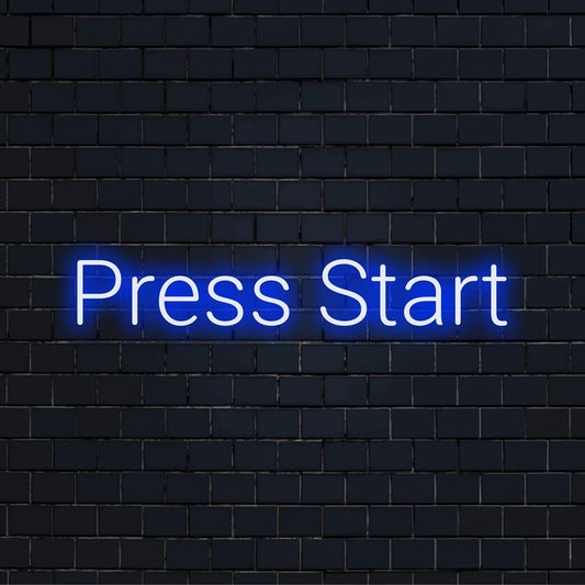 Levande skräddarsydd LED neonskylt med frasen Press Start; perfekt för att lägga till en retro spelkänsla till alla utrymmen.