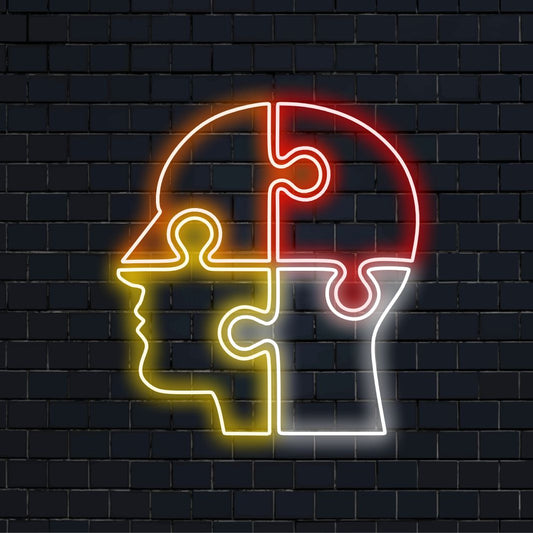 "Puzzle Head Neon Sign" är ett tankeväckande tillägg för utrymmen som hyllar det mänskliga sinnets komplexitet. Lys upp med kärnan av nyfikenhet och intellekt!