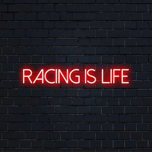 Custom LED Neon Sign: Vibrant Racing Is Life design, perfect for motorsport fans and neon wall art lovers.