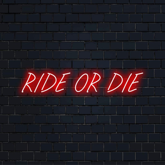 Illuminated 'Ride Or Die' LED neon sign, perfect as vibrant home decor or unique personalized wall art.