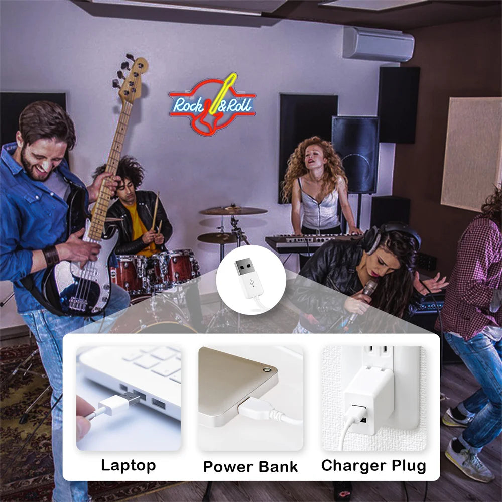 Rock & Roll – Gitarr – LED-neonskylt (5 V USB)