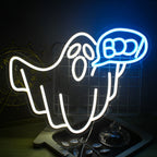 En LED-neonskylt med Halloween-tema med livfulla färger och kreativ design.