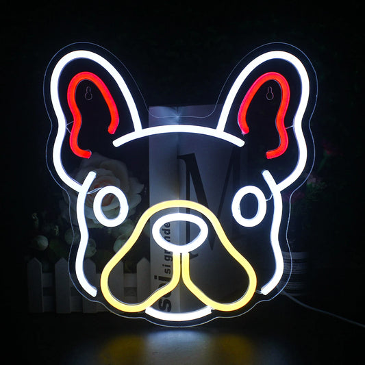 A colorful, handmade LED neon sign in the shape of a cute dog is prominently displayed.