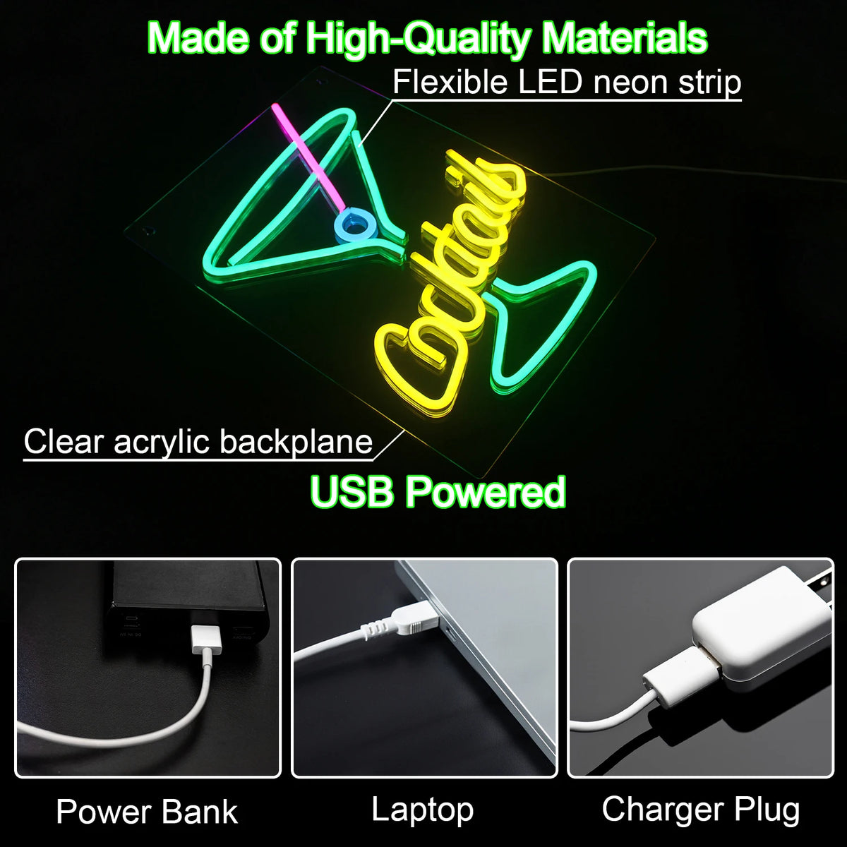 Cocktails – Grönt cocktailglas – LED-ljusskylt (5 V USB)