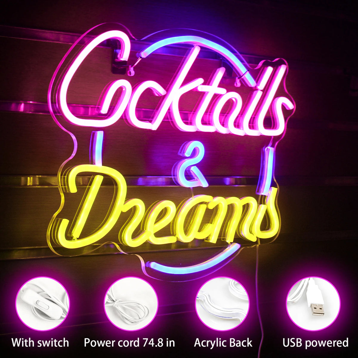 Cocktails Dreams – LED-neonskylt (5 V USB)