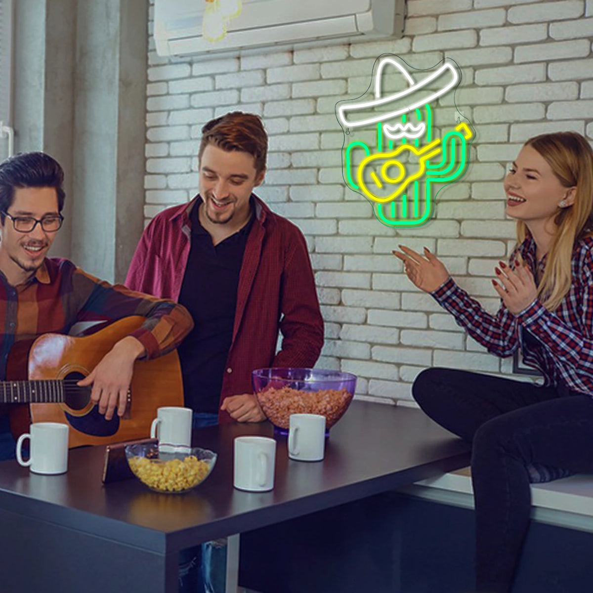 Gitarrspelande cowboykaktus – LED-neonskylt (5 V USB)