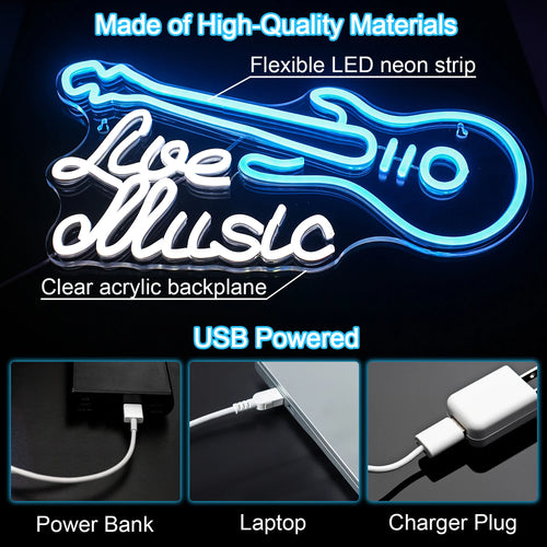 Live Music – Gitarr – LED-neonskylt (5 V USB)