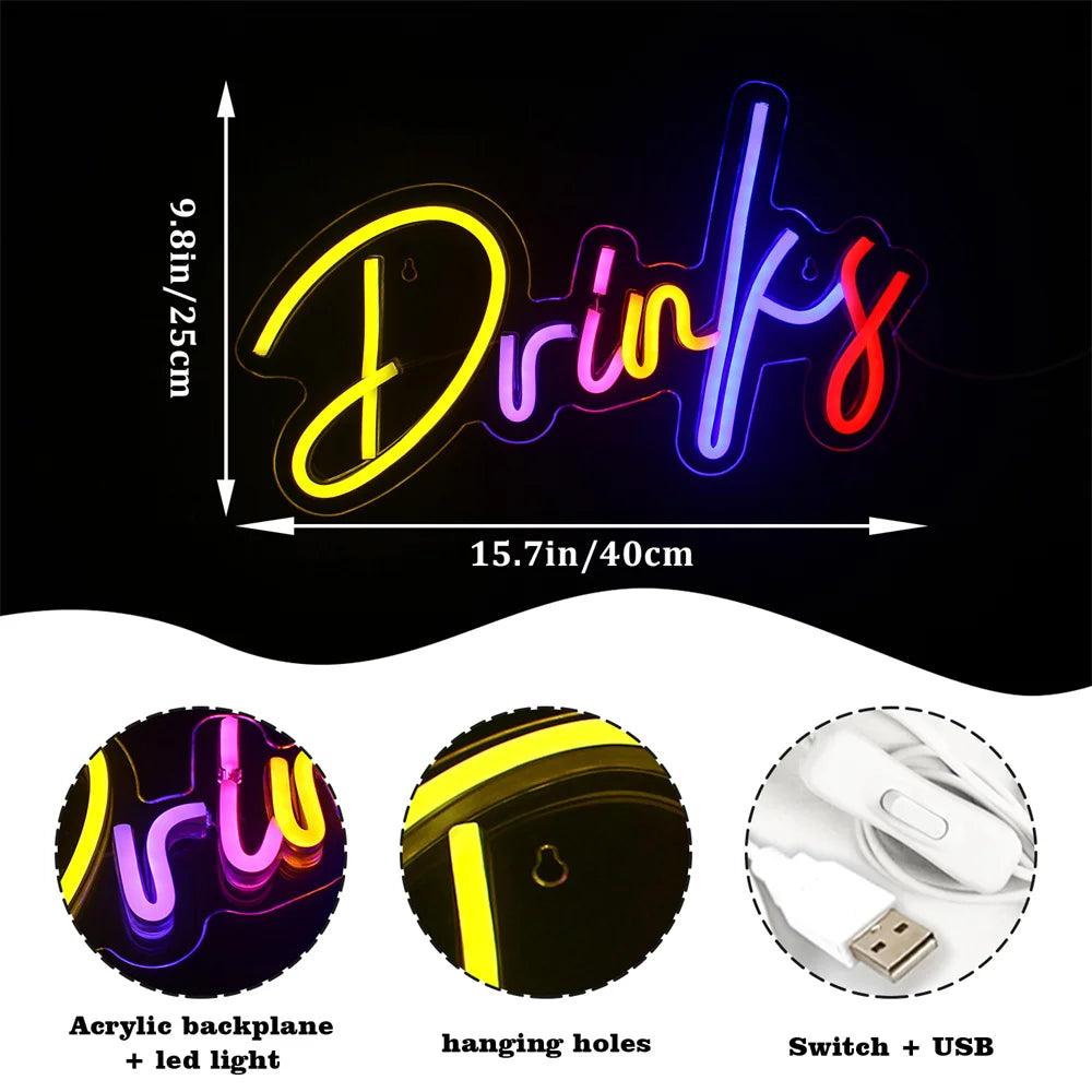 Drinks – Färgglada bokstäver – LED-ljusskylt (5 V USB)