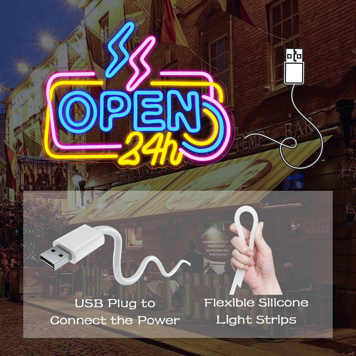 24 Timmar Öppet 5V USB LED Ljusskylt - Budgetvänlig