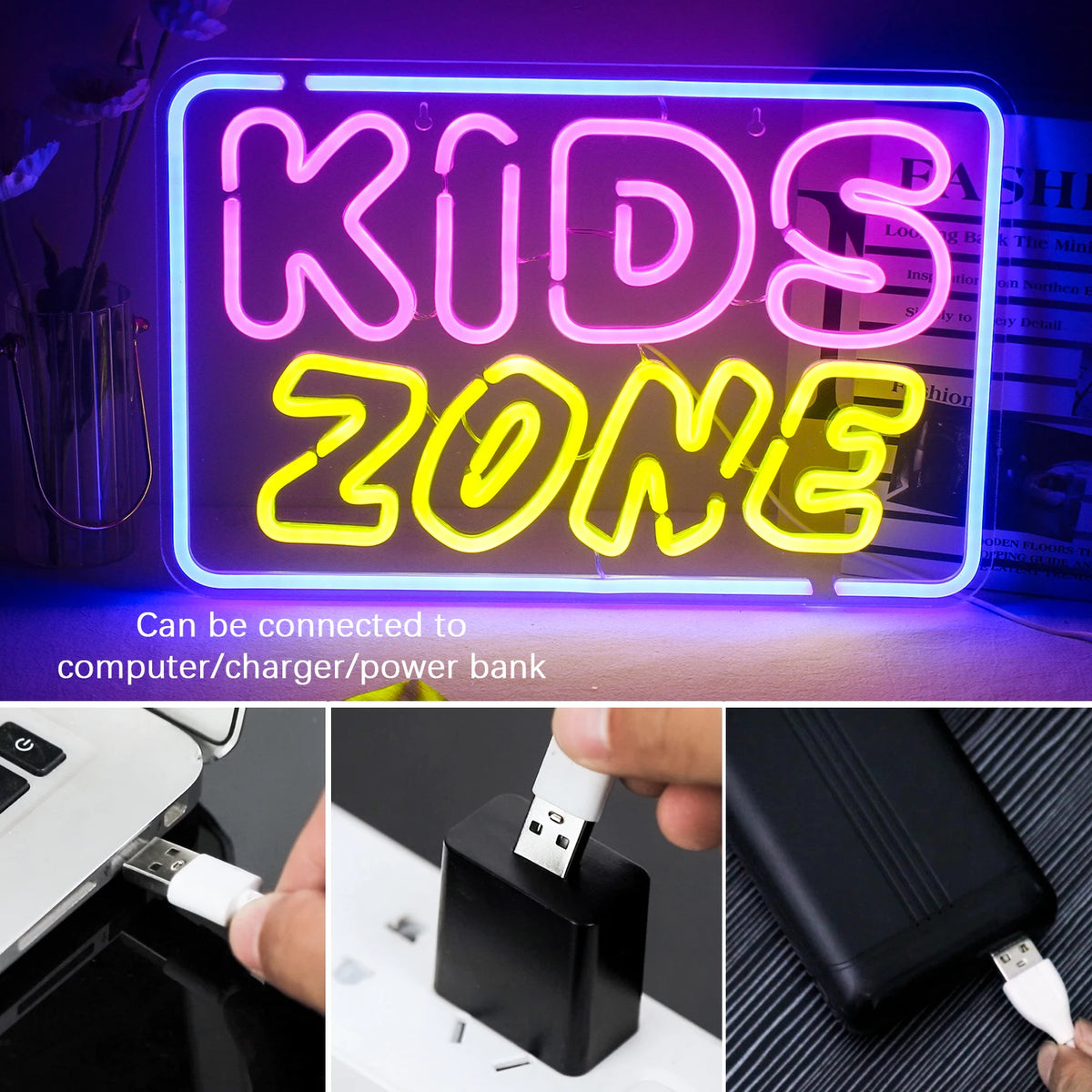 KIDS ZONE – Rektangulär ram – LED-neonskylt (5 V USB)