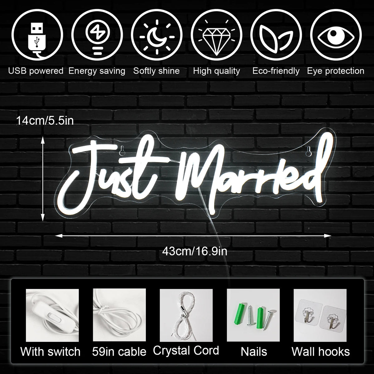 Just Married Wedding – LED-neonskylt (5 V USB)