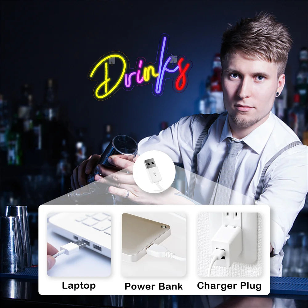 Drinks – Färgglada bokstäver – LED-ljusskylt (5 V USB)