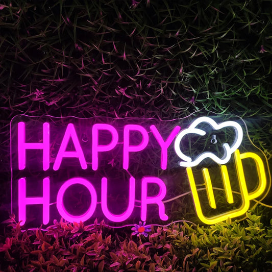 The image features a vibrant LED neon sign displaying the words "Happy Hour" in a playful and inviting script.