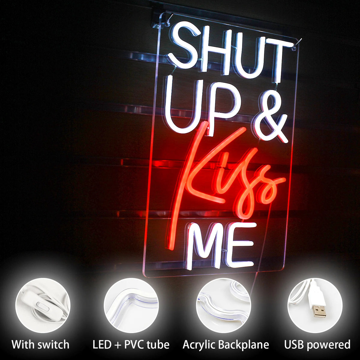 Shut Up & Kiss Me 5V USB LED Neon Sign - Budget Friendly