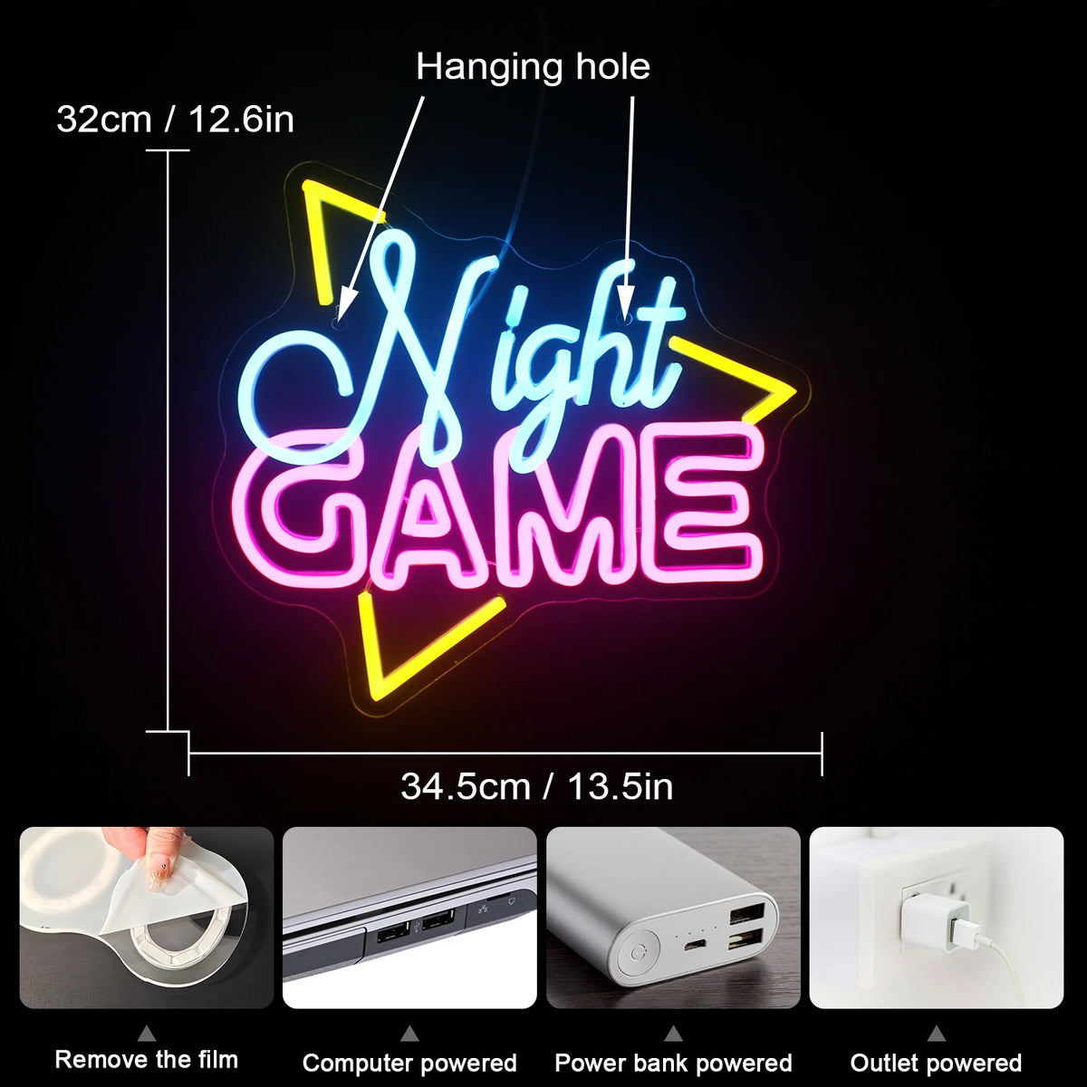 Night GAME – Triangelformad ram – LED-neonskylt (5 V USB)