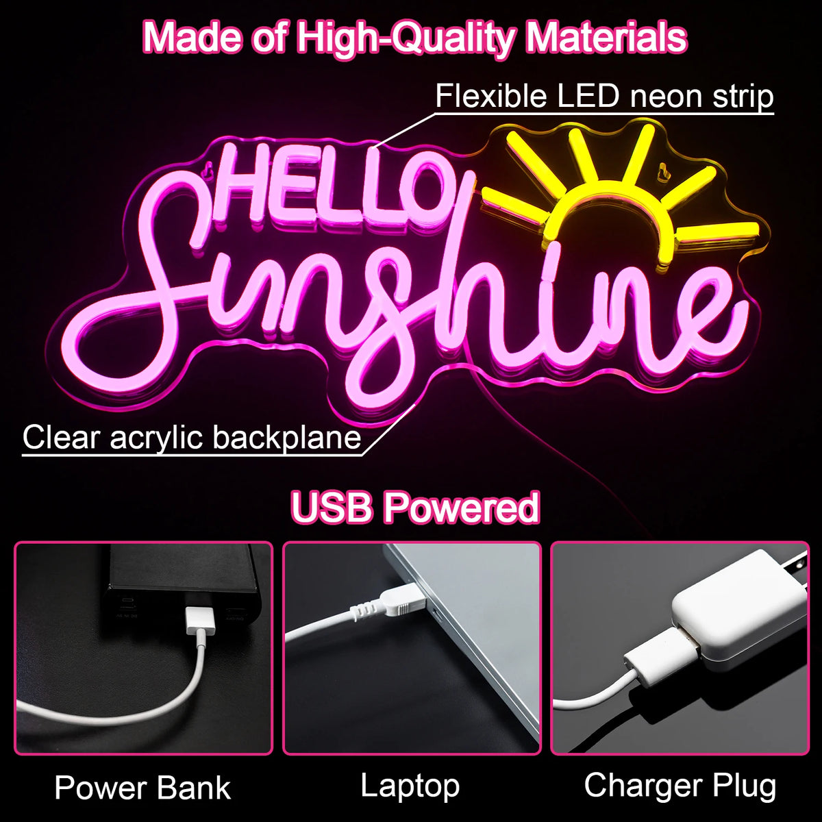 HELLO Sunshine – Sol – LED-neonskylt (5 V USB)