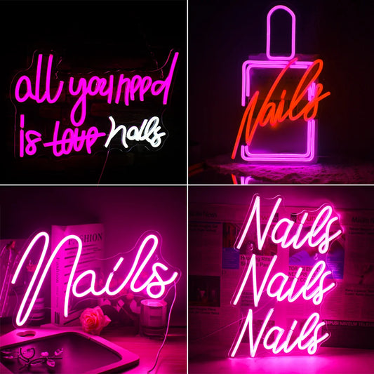 The image features a vibrant LED neon sign displaying the phrase "All you need is nails" in an aesthetically pleasing font.